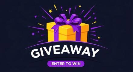 Exciting yellow gift box with purple ribbon and confetti announcing a giveaway and enter to win button