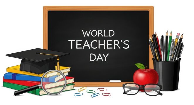 World teacher s day celebration with books graduation cap apple and writing supplies on a blackboard background - Powered by Adobe