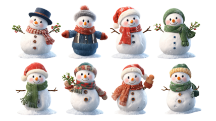 Snowman clipart set transparent PNG cutout high resolution Christmas and New Year decorations isolated on white for cards stickers invitations print on demand