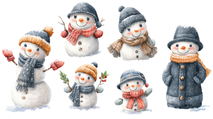 Snowman clipart set transparent PNG cutout high resolution Christmas and New Year decorations isolated on white for cards stickers invitations print on demand