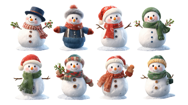 Snowman clipart set transparent PNG cutout high resolution Christmas and New Year decorations isolated on white for cards stickers invitations print on demand