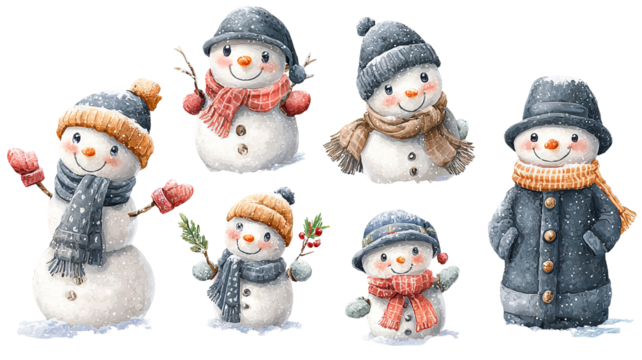 Snowman clipart set transparent PNG cutout high resolution Christmas and New Year decorations isolated on white for cards stickers invitations print on demand