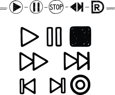 Hand drawn music player control icons for play pause stop rewind fast forward and record functions