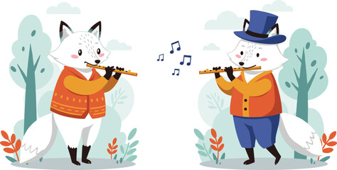 Cute foxes playing flute — adorable animal musicians illustration in forest setting, charming woodland music art for kids and decor