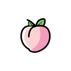 Minimalist vector illustration of a peach with two green leaves. Simple outline design, soft pink colors, suitable for icons, stickers, or digital design projects.