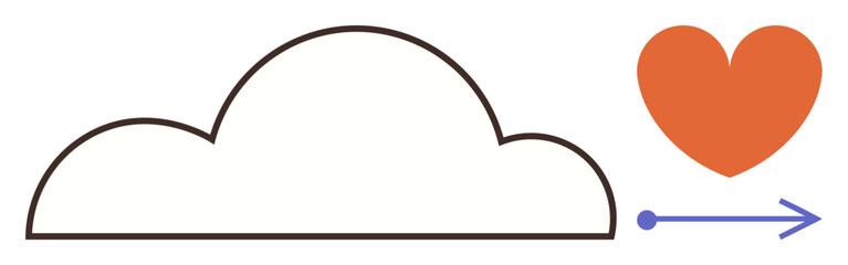 Cloud and orange heart connected by blue arrow, symbolizing data flow, love, connection, and technology. Ideal for digital exchange, emotions, cloud storage, communication relationships
