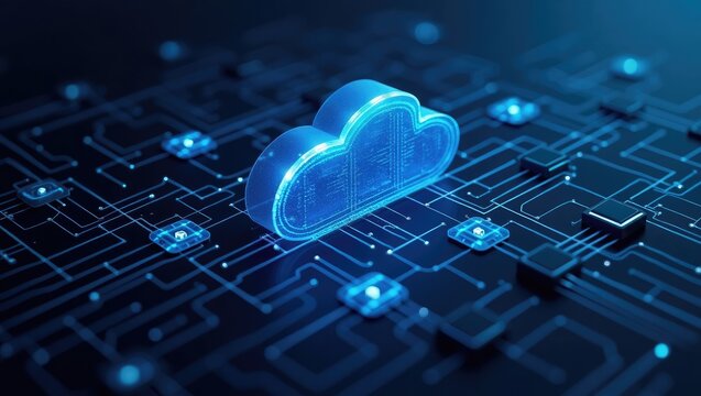 Illuminated cloud computing concept, featuring a glowing stylized cloud icon integrated with a digital circuit board, illustrating data storage and online connectivity with a futuristic and...