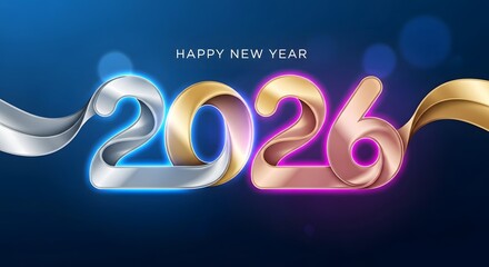 Vibrant 2026 New Year Celebration Banner with Glowing Metallic Ribbon Numbers Against a Dynamic Blue Background - Festive Greeting Design