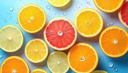 Vibrant Assortment of Fresh Citrus Fruit Slices Including Oranges Grapefruits and Lemons Scattered on a Wet Blue Background with Water Droplets