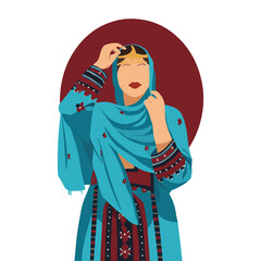 South Asian Woman in Traditional Costume Adjusting Head Jewelry