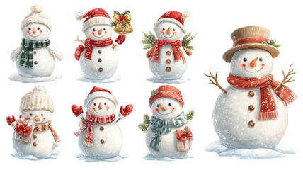 Snowman clipart set transparent PNG cutout high resolution Christmas and New Year decorations isolated on white for cards stickers invitations print on demand