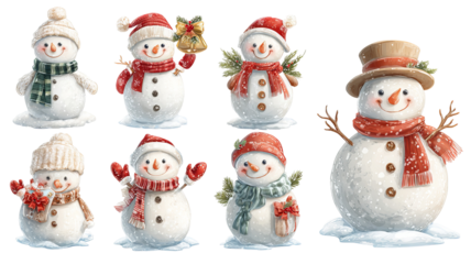 Snowman clipart set transparent PNG cutout high resolution Christmas and New Year decorations isolated on white for cards stickers invitations print on demand