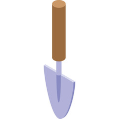 A simple gardening trowel with a light brown wooden handle and a light blue metal scoop against a clean white background.