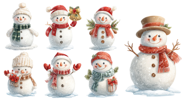 Snowman clipart set transparent PNG cutout high resolution Christmas and New Year decorations isolated on white for cards stickers invitations print on demand - Powered by Adobe