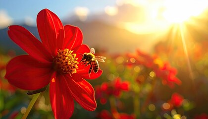 Close up of a bee collecting pollen from a vibrant red flower in a sun-drenched field with mountains in the background during golden hour