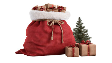 Classic red Santa gift bag filled with presents isolated on white high resolution transparent PNG clipart for Christmas designs cards stickers overlays and festive crafts
