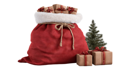 Classic red Santa gift bag filled with presents isolated on white high resolution transparent PNG clipart for Christmas designs cards stickers overlays and festive crafts
