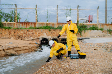 Team of scientists in hazmat suits collecting water samples and analyzing data for pollution...