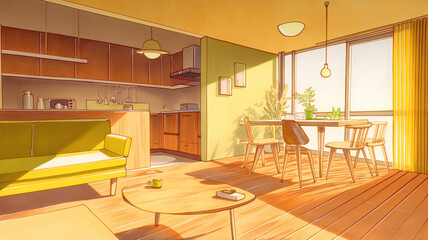 生活感と洗練が調和したインテリアスケッチイラスト素材｜部屋・デザイン・住まい・家具・配置・モダン建築・シンプル・都会的・イメージ素材・空間構成