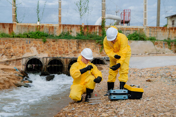 Team of scientists in hazmat suits conducting water sample analysis for pollution and contamination at an industrial wastewater discharge site.