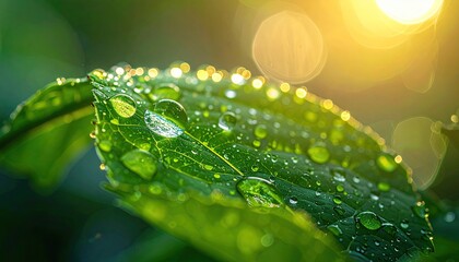 Close Up Of Green Leaf Covered In Water Droplets Illuminated By Warm Golden Sunlight With Bokeh Background