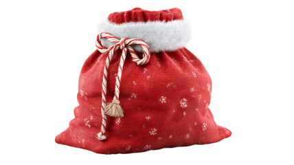 Classic red Santa gift bag filled with presents isolated on white high resolution transparent PNG clipart for Christmas designs cards stickers overlays and festive crafts
