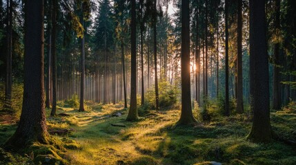 Obraz premium Sunrise filters through a dense forest. Sunlight beams through tall, dark trees, casting golden light on moss-covered forest floor