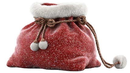 Classic red Santa gift bag filled with presents isolated on white high resolution transparent PNG clipart for Christmas designs cards stickers overlays and festive crafts
