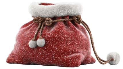 Classic red Santa gift bag filled with presents isolated on white high resolution transparent PNG clipart for Christmas designs cards stickers overlays and festive crafts
