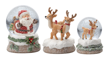 Stacked snow globes with Santa and reindeer variations vertical composition high resolution transparent PNG clipart for Christmas designs cards stickers and festive decor