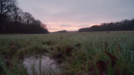 Misty morning meadow, dew-kissed grass