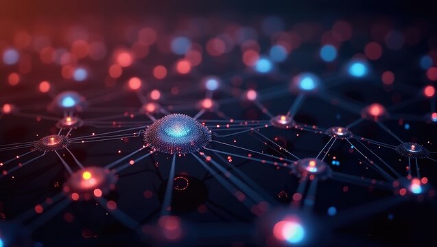 view showcases an abstract network with glowing nodes connected by lines, showcasing data flow, and digital communication, rendered with a shallow depth of field, featuring a futuristic and techy...