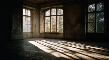 Fototapeta premium Sunlit shadows in a decaying palace room