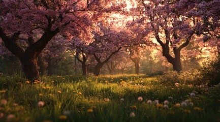 Lush spring orchard bathed in golden sunlight.  Pink blossoms fill the air