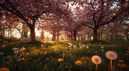 Blooming cherry trees in a sunlit park