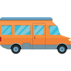 Orange Camper Van With Blue Accents And Tinted Windows In Side Profile On A White Background