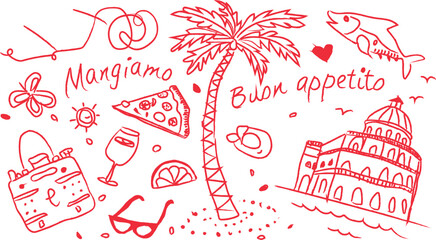 Whimsical hand drawn italian vacation collage featuring food palm tree and famous landmarks