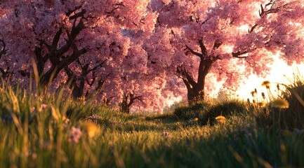 Cherry blossoms in a sunlit meadow
