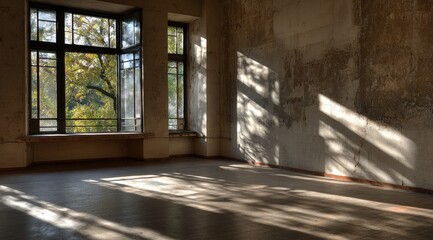 Sunlight streams into an empty room with peeling paint and large windows, casting long shadows