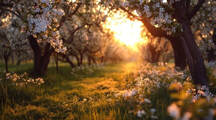 Sunbeams through a blossoming orchard
