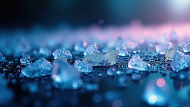 Chunks of ice shards are arranged across a dark surface, illuminated by cool blue and pink lighting that creates a soft, blurred background.
