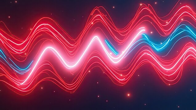 Glowing neon wave patterns in vibrant red and blue illuminate a dark background, creating a visually striking and energetic digital abstract artwork, perfect for futuristic and modern design concepts.