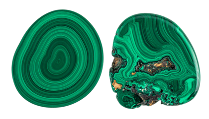 Pair of polished malachite gemstone slices with natural green banding, isolated on transparent background