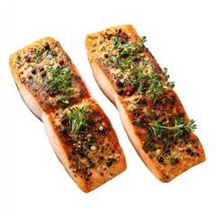 Two pan-seared salmon fillets, topped with herbs and spices