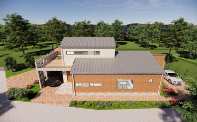 Obraz premium house on the hill, 3d rendering of a modern single house with wood deck in the hill