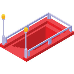 Isometric Red Square Platform with Blue Guardrails and Yellow Lights Against a White Background
