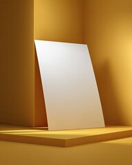 Blank white poster on a mustard yellow display