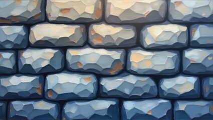Detailed view depicts a weathered stone wall constructed with rectangular blocks, showcasing textured surfaces and a palette of cool blue, gray, and warm beige hues, emphasizing the rustic,...