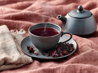 A cup of steaming hibiscus tea, with a matching teapot, sits on a soft, rose-toned linen surface
