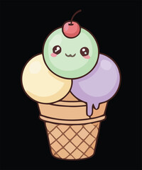 Kawaii Ice Cream Cone with Three Scoops and Cherry Topping